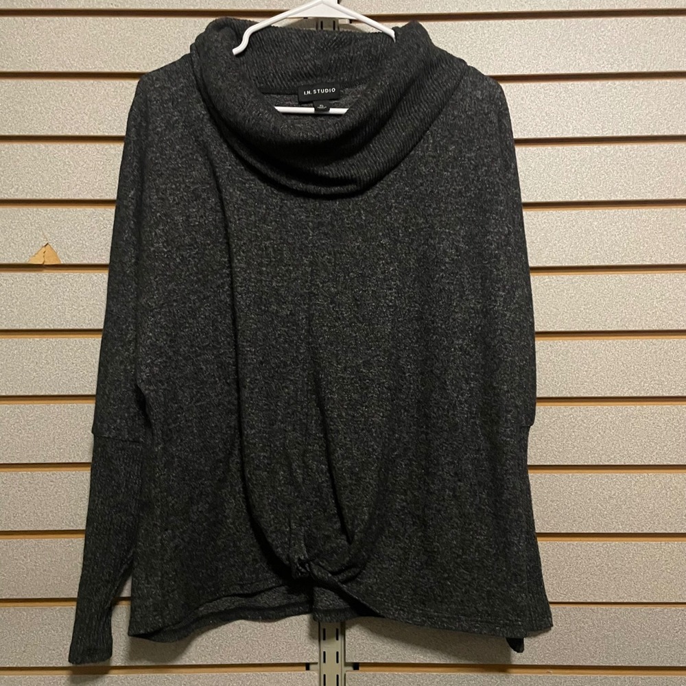 I.N. Studio Womens XL Cowl Neck Twist Front Sweater Charcoal Grey Marl Knit Top
